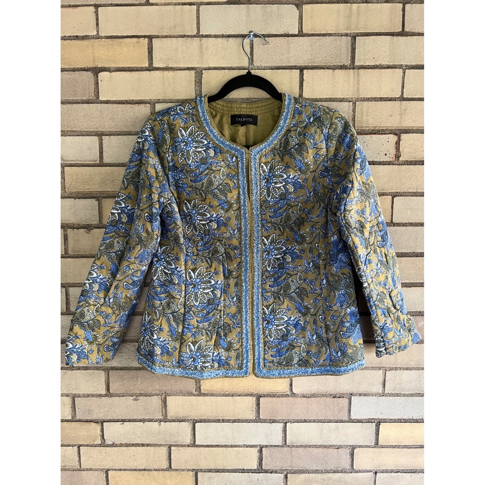 Talbots Quilted Cropped Jacket Cotton Floral Olive Green Blue Size Small